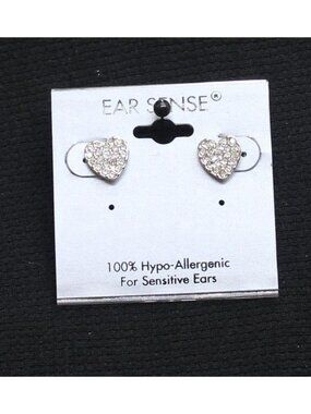 NWT Ear Sense Hypoallergenic Heart Rhinestone Stud Earrings Silver Gray